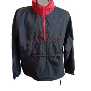 Vintage Men's Large Jacket Windbreaker Red Black Hooded Front 1/2 Zip Pocket
